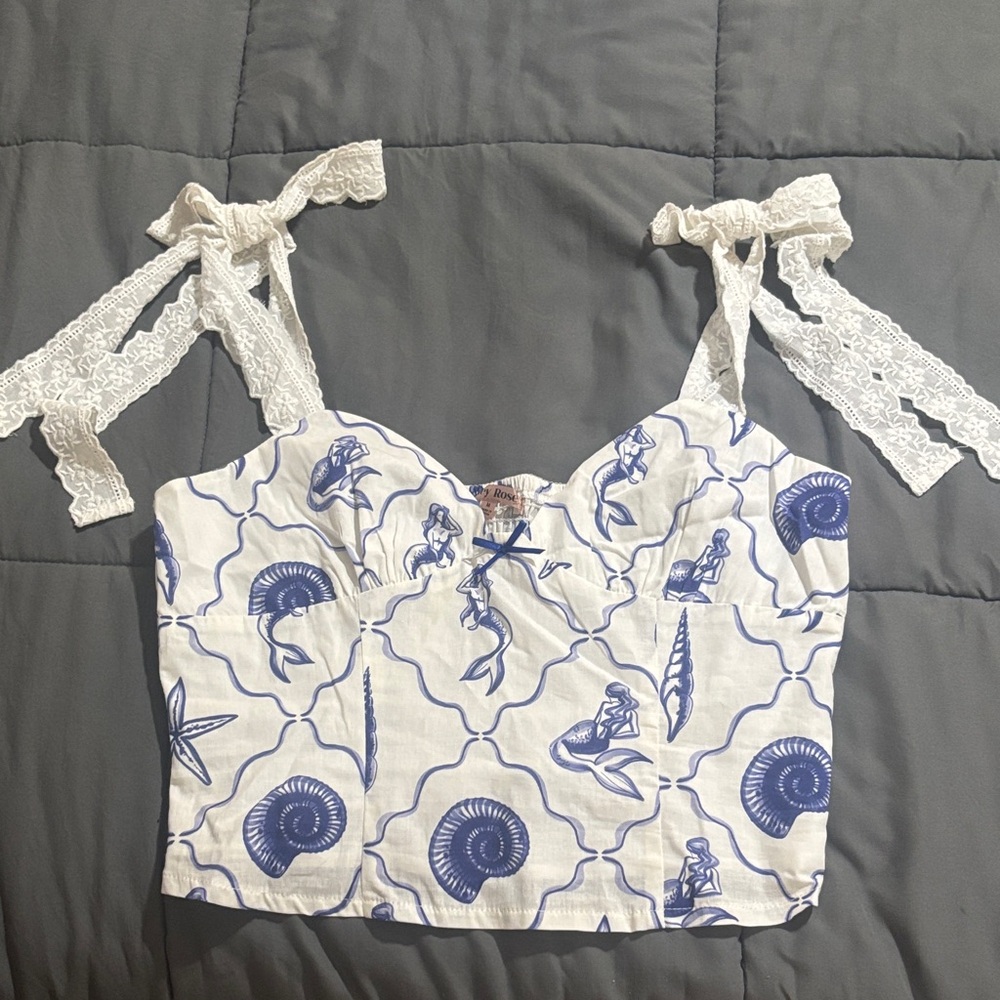 Nautical Blue and White Crop Top with Lace Straps